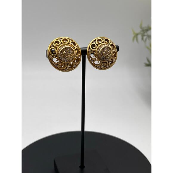 Oscar de la Renta Vintage Signed  Gold Tone Logo Pave Crystal Button Earrings - Picture 2 of 9